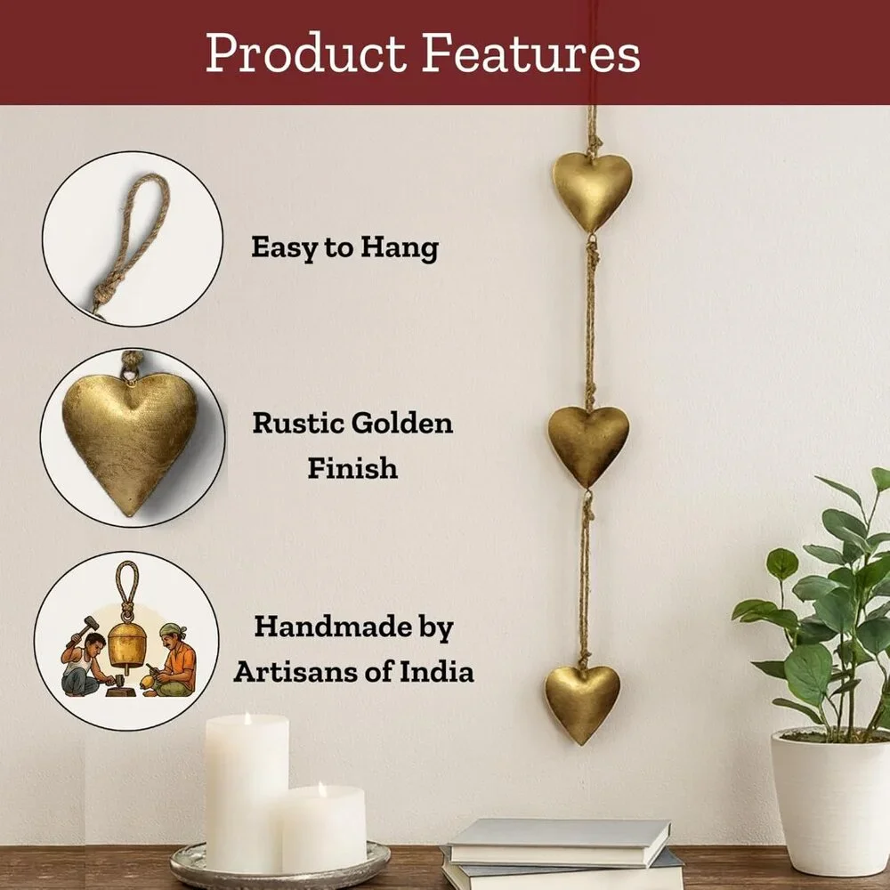 🆕 Vintage Metal Heart Wall Hanging Art Gold Hearts Shaped Bedroom Wall Decor